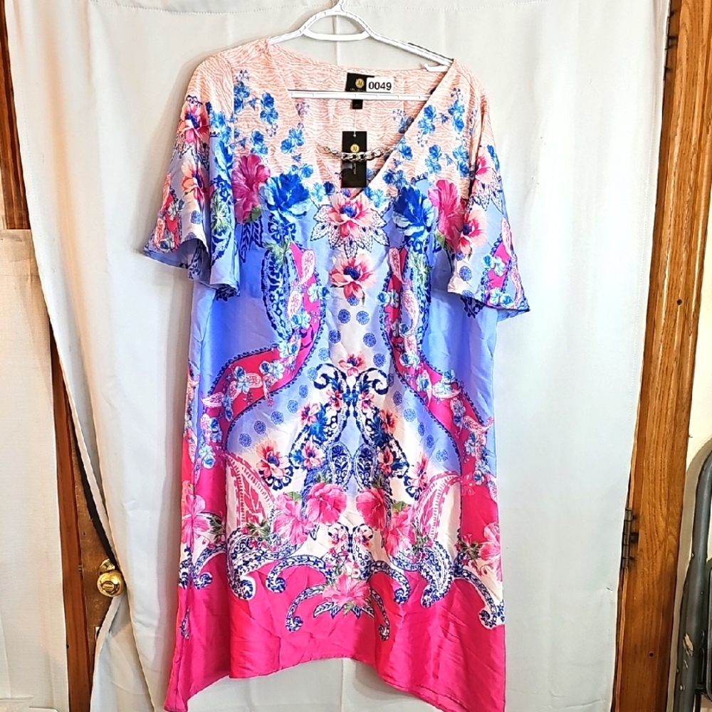 (0049) JM Collection Pink and Blue Sundress with Flutter Sleeves